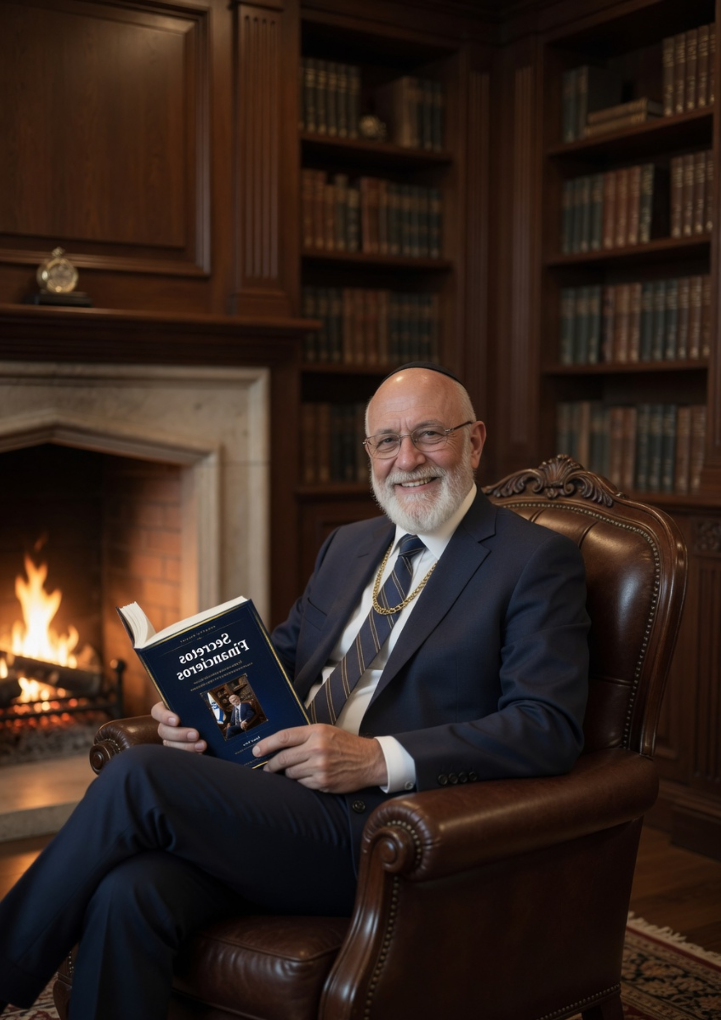 Yosef Katz sentado en una biblioteca con su libro.